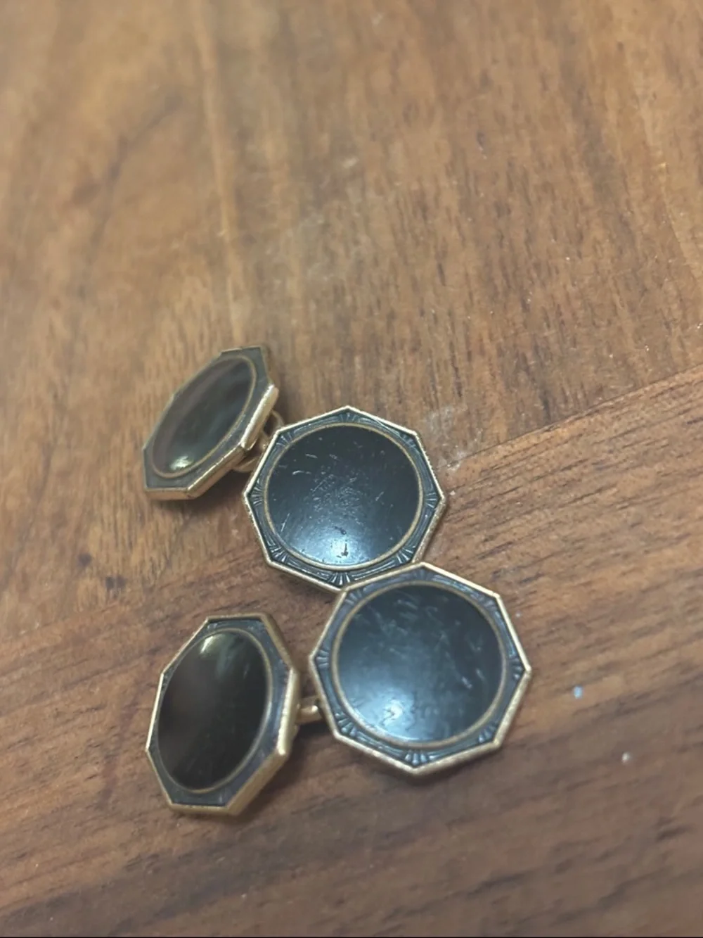 Vintage/antique KREMENTZ Gold Octagon Double-Chain Cufflinks with Black Inset